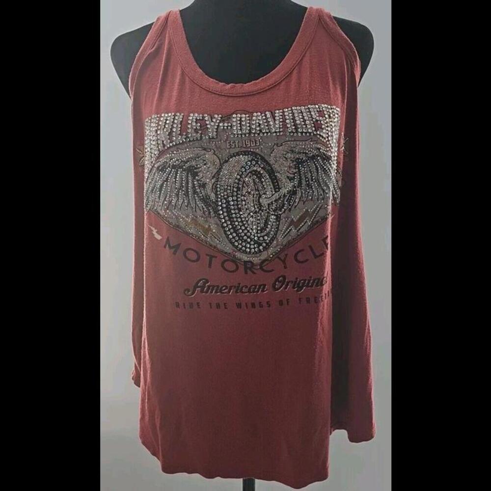 Harley Davidson Womens Large Tank Top Orange Bling Embellished Beaded Wings Sz L